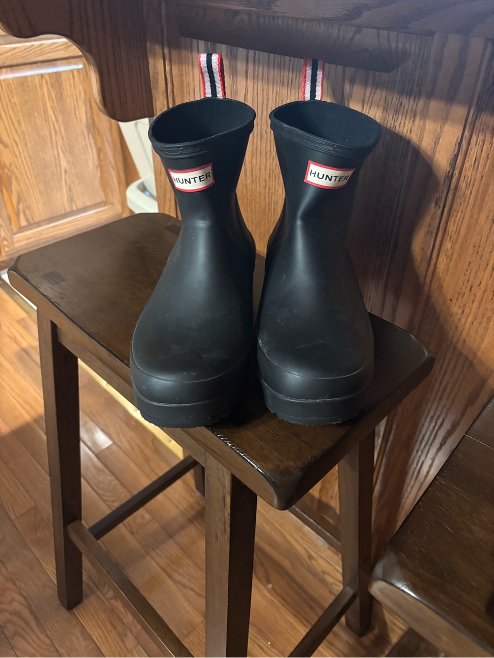 Hunter Black Short Rain Boots with Red-Trim Pull Tabs